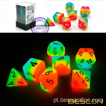 Bescon Fantasia Rainbow Dados poliédricos brilhantes 7pcs Conjunto da meia -noite Candy, Luminous RPG Dice Set Glow in Dark, RONVENTY DND DICE